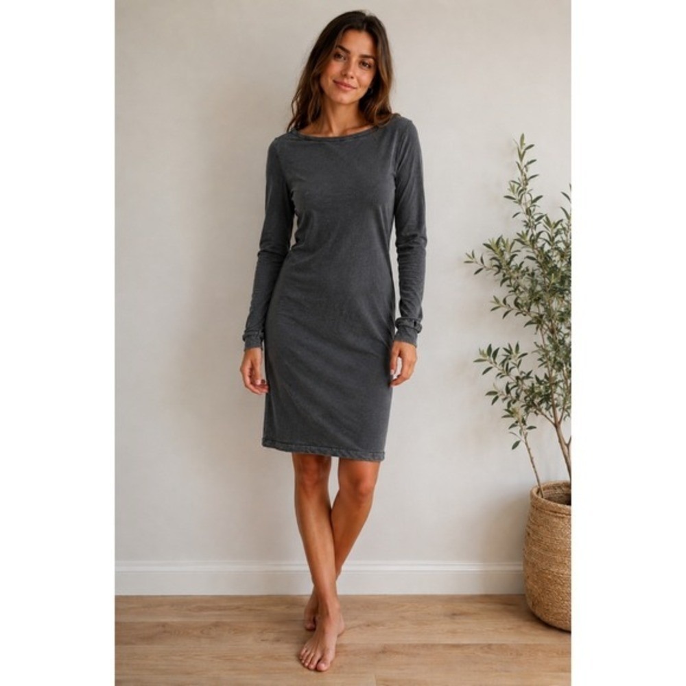James Perse Dress Womens 3 L Washed Grey Long Sleeve Boat Neck Stretch Cotton